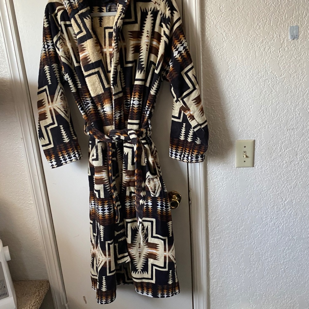 Pendleton Mens Harding Hooded Cotton Terry Robe Brown Tan Black S/M - Picture 3 of 11